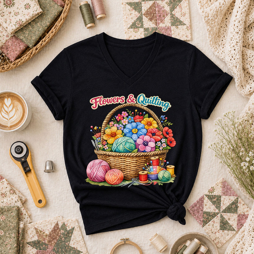Flowers And Quilting Basket Wildflowers Women's V-Neck - Black