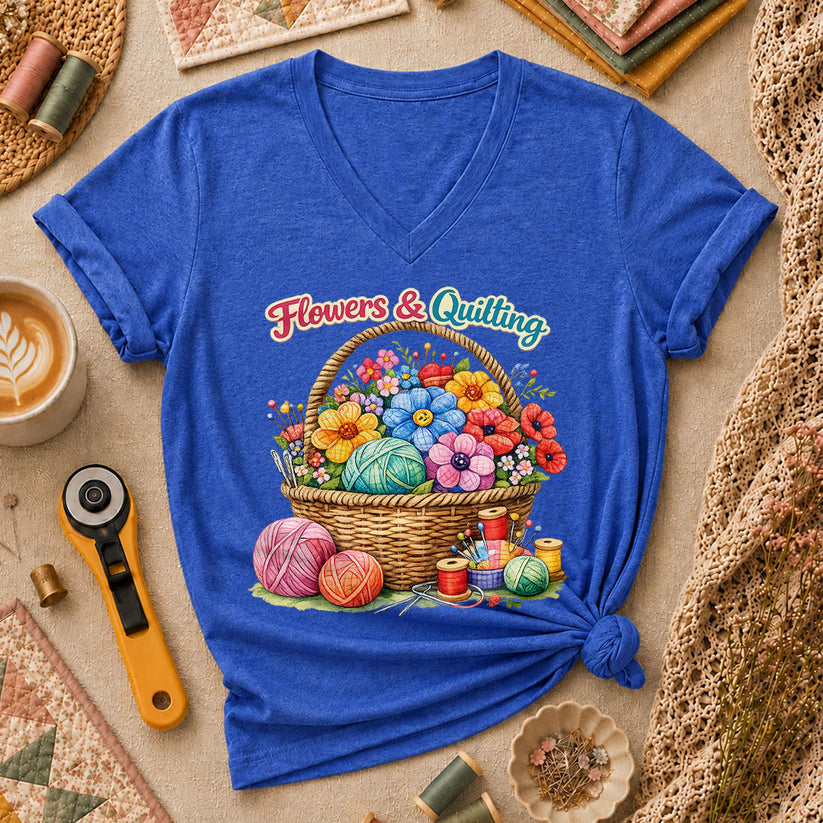 Flowers And Quilting Basket Wildflowers Women's V-Neck - Heather True Royal
