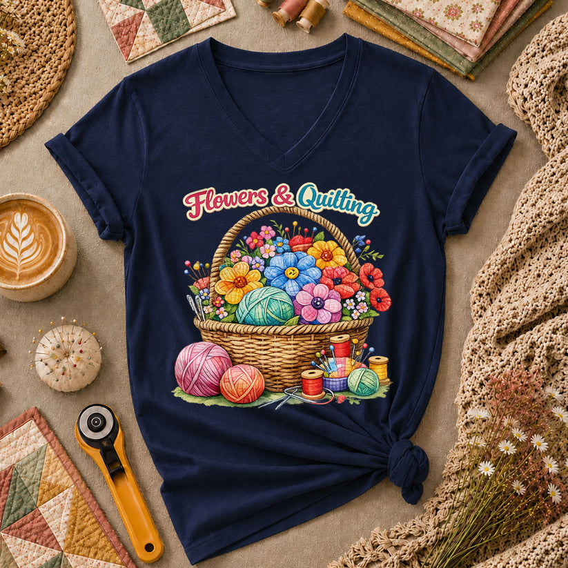 Flowers And Quilting Basket Wildflowers Women's V-Neck - Navy