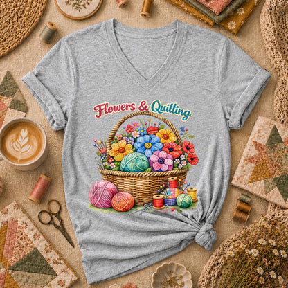 Flowers And Quilting Basket Wildflowers Women's V-Neck - Sport Grey