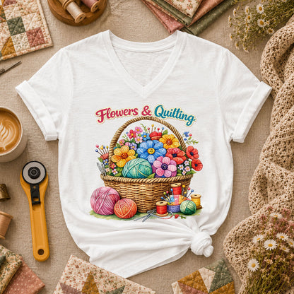 Flowers And Quilting Basket Wildflowers Women's V-Neck - White