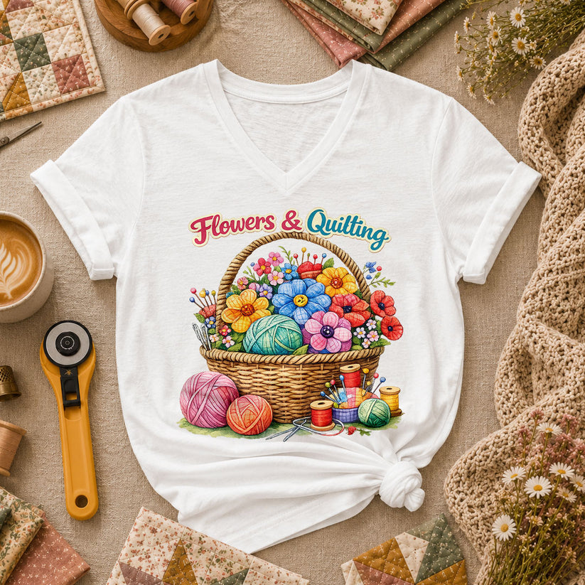 Flowers And Quilting Basket Wildflowers Women's V-Neck - White