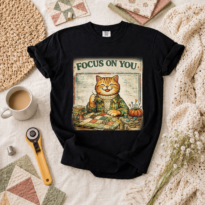 Focus On You Vintage Cat Sewing T-Shirt - Black