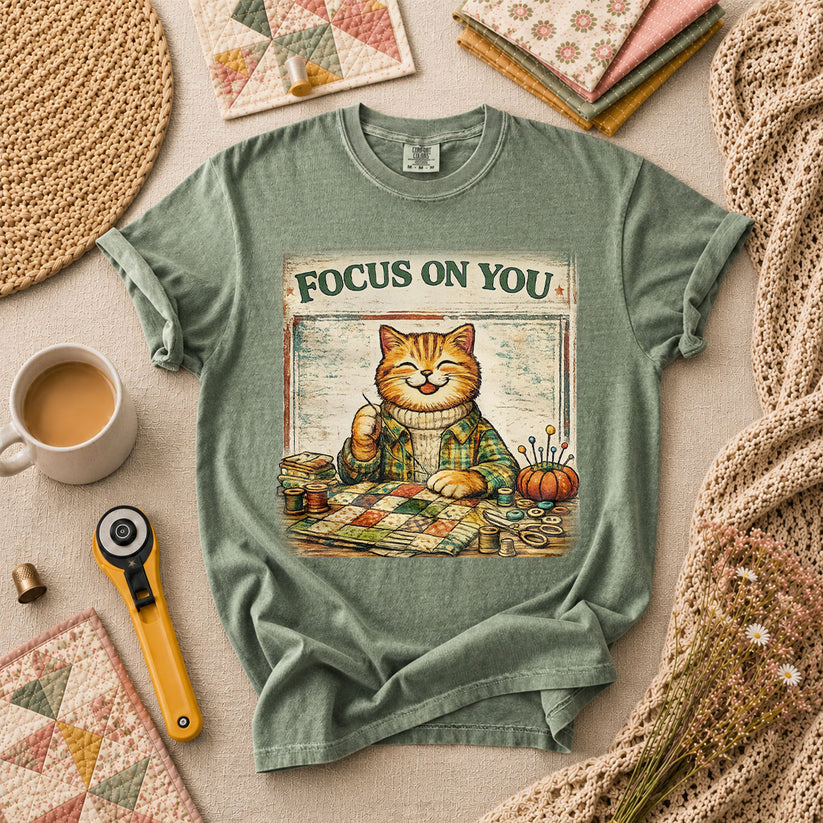 Focus On You Vintage Cat Sewing T-Shirt - Forest Green