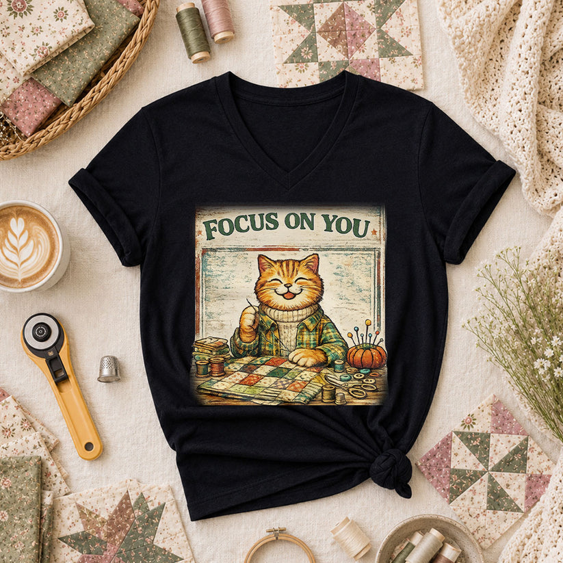 Focus On You Vintage Cat Sewing Women's V-Neck - Black