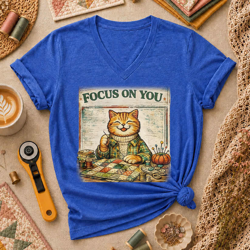 Focus On You Vintage Cat Sewing Women's V-Neck - Heather True Royal