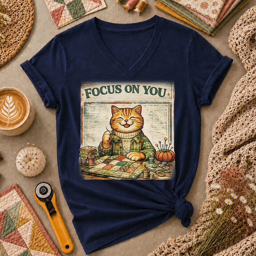 Focus On You Vintage Cat Sewing Women's V-Neck - Navy