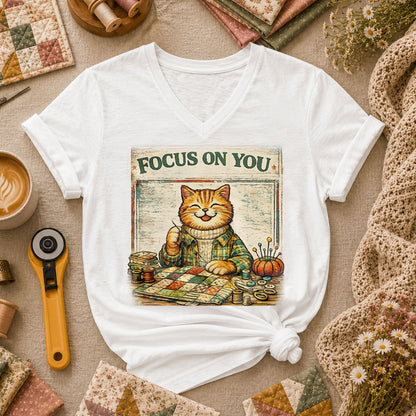 Focus On You Vintage Cat Sewing Women's V-Neck - White