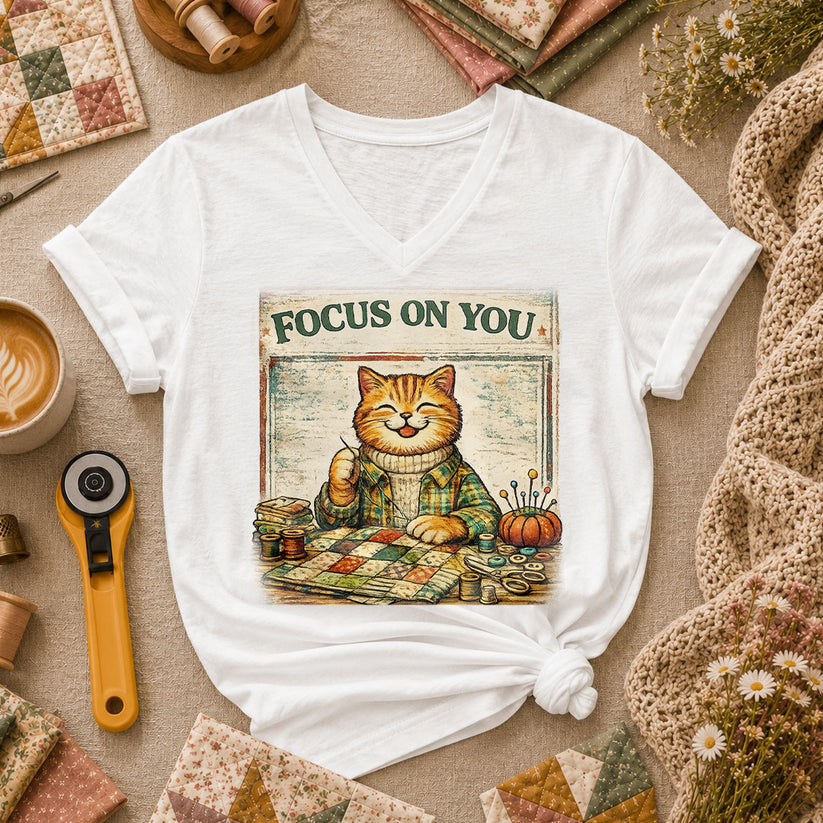 Focus On You Vintage Cat Sewing Women's V-Neck - White