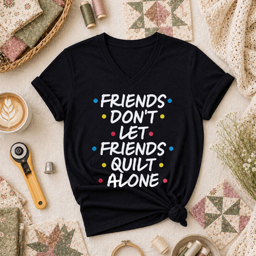 Friends Dont Let Friends Quilt Alone Funny Quote Women's V-Neck - Black