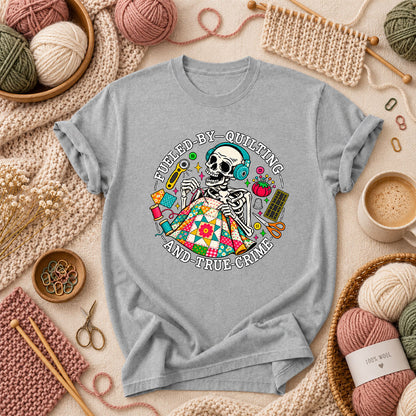 Fueled By Quilting And True Crime Skeleton T-Shirt - Athletic Heather