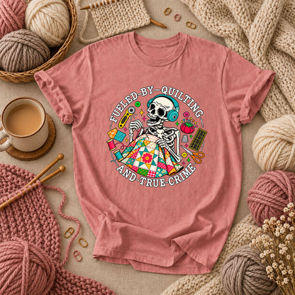 Fueled By Quilting And True Crime Skeleton T-Shirt - Heather Mauve