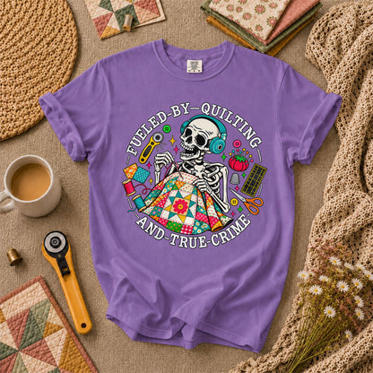 Fueled By Quilting And True Crime Skeleton T-Shirt - Heather Team Purple