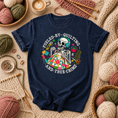 Fueled By Quilting And True Crime Skeleton T-Shirt - Navy