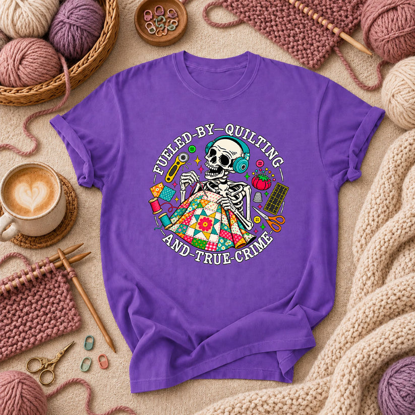 Fueled By Quilting And True Crime Skeleton T-Shirt - Purple