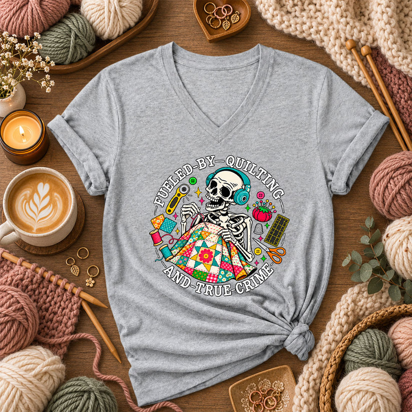 Fueled By Quilting And True Crime Skeleton Women's V-Neck - Athletic Heather