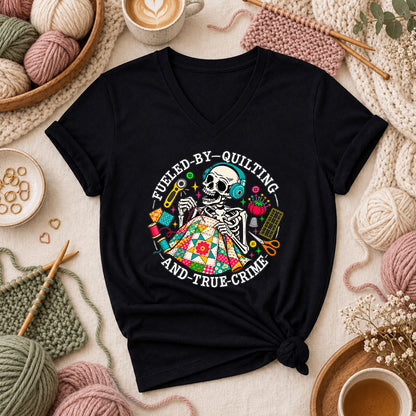 Fueled By Quilting And True Crime Skeleton Women's V-Neck - Black