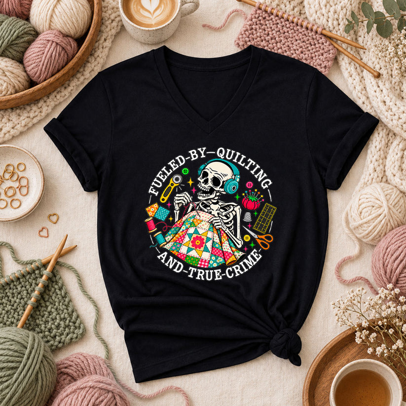 Fueled By Quilting And True Crime Skeleton Women's V-Neck - Black