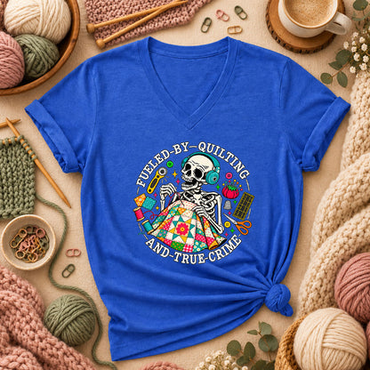 Fueled By Quilting And True Crime Skeleton Women's V-Neck - Heather True Royal