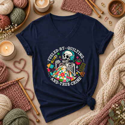 Fueled By Quilting And True Crime Skeleton Women's V-Neck - Navy