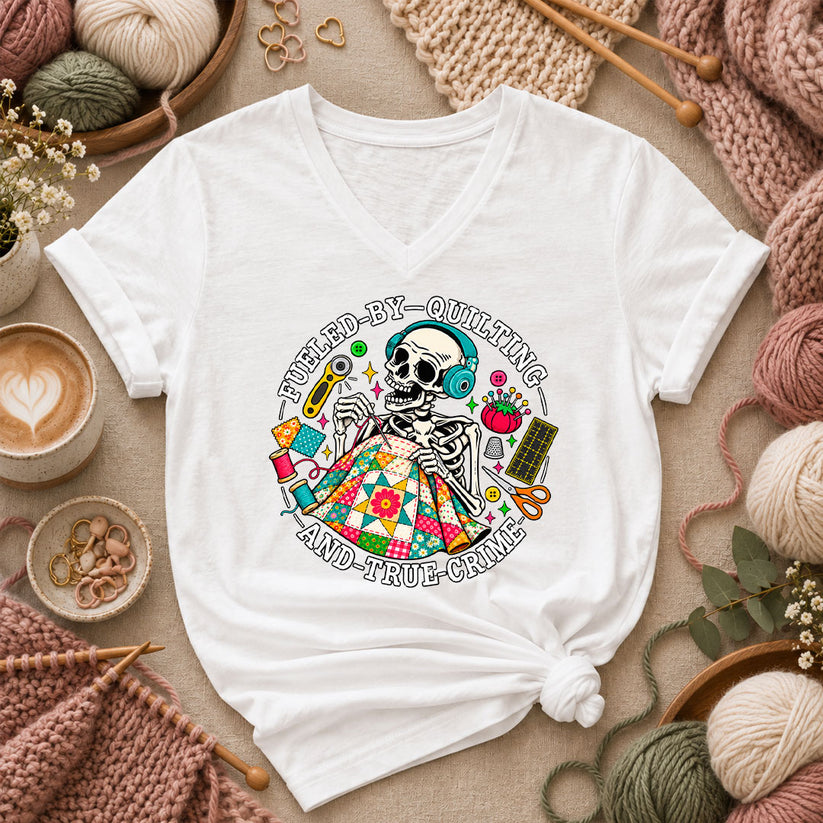 Fueled By Quilting And True Crime Skeleton Women's V-Neck - White