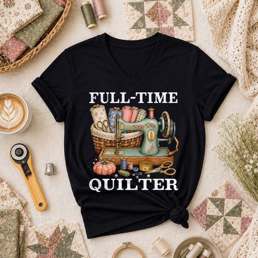 Full Time Quilter Women's V-Neck - Black
