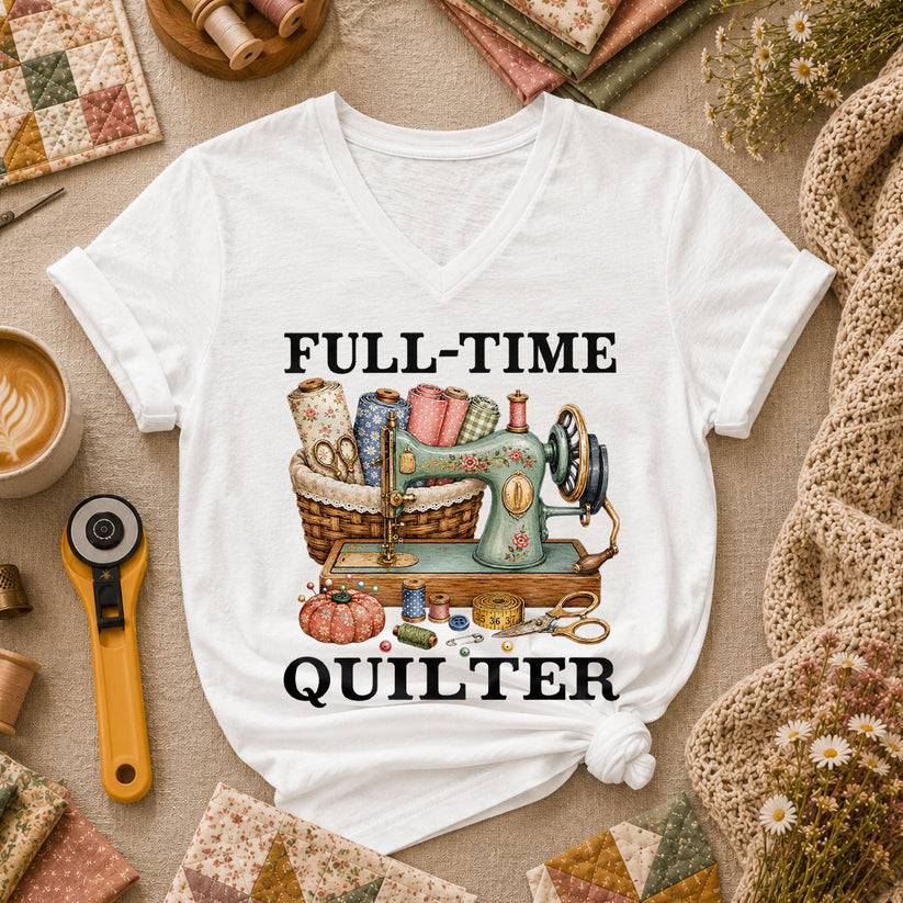 Full Time Quilter Women's V-Neck - White