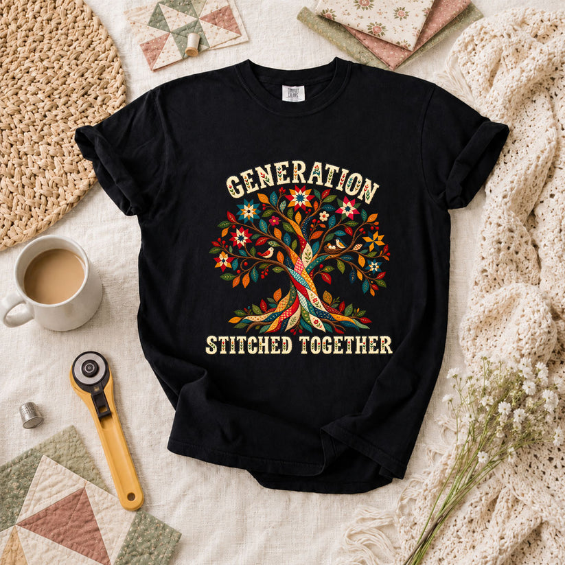 Generation Stitched Together Family Tree T-Shirt - Black
