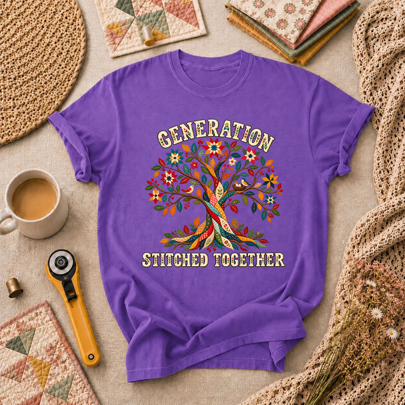 Generation Stitched Together Family Tree T-Shirt - Heather Team Purple
