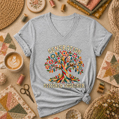 Generation Stitched Together Family Tree Women's V-Neck - Athletic Heather