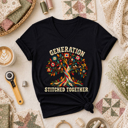 Generation Stitched Together Family Tree Women's V-Neck - Black