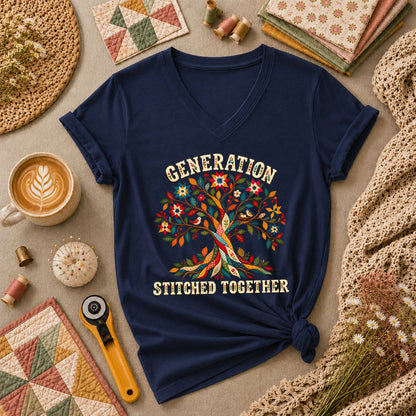 Generation Stitched Together Family Tree Women's V-Neck - Navy