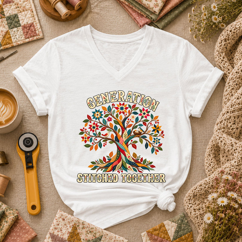 Generation Stitched Together Family Tree Women's V-Neck - White