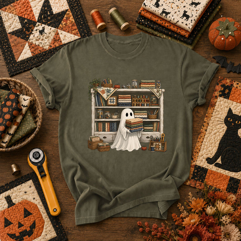 Ghost In The Quilt Shop Halloween T-Shirt - Military Green