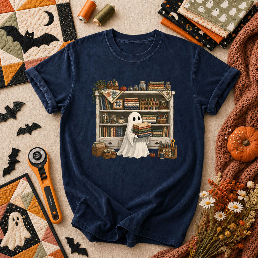 Ghost In The Quilt Shop Halloween T-Shirt - Navy