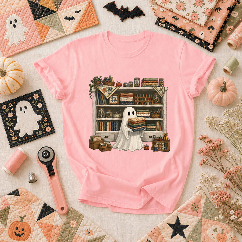 Ghost In The Quilt Shop Halloween T-Shirt - Pink