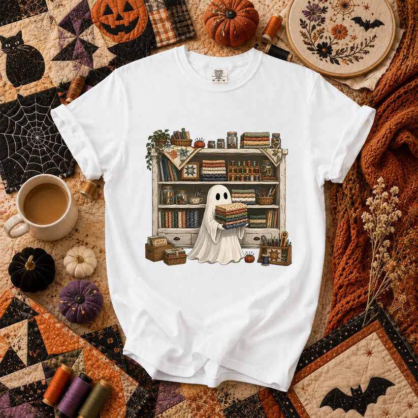Ghost In The Quilt Shop Halloween T-Shirt - White