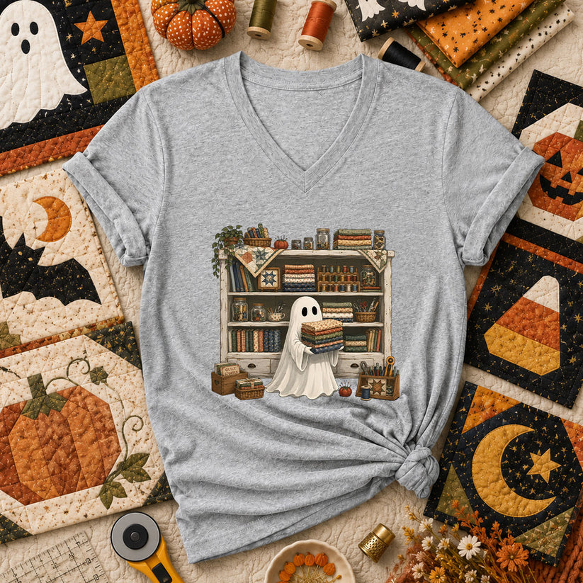 Ghost In The Quilt Shop Halloween Women's V-Neck - Athletic Heather