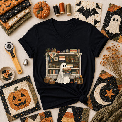 Ghost In The Quilt Shop Halloween Women's V-Neck - Black