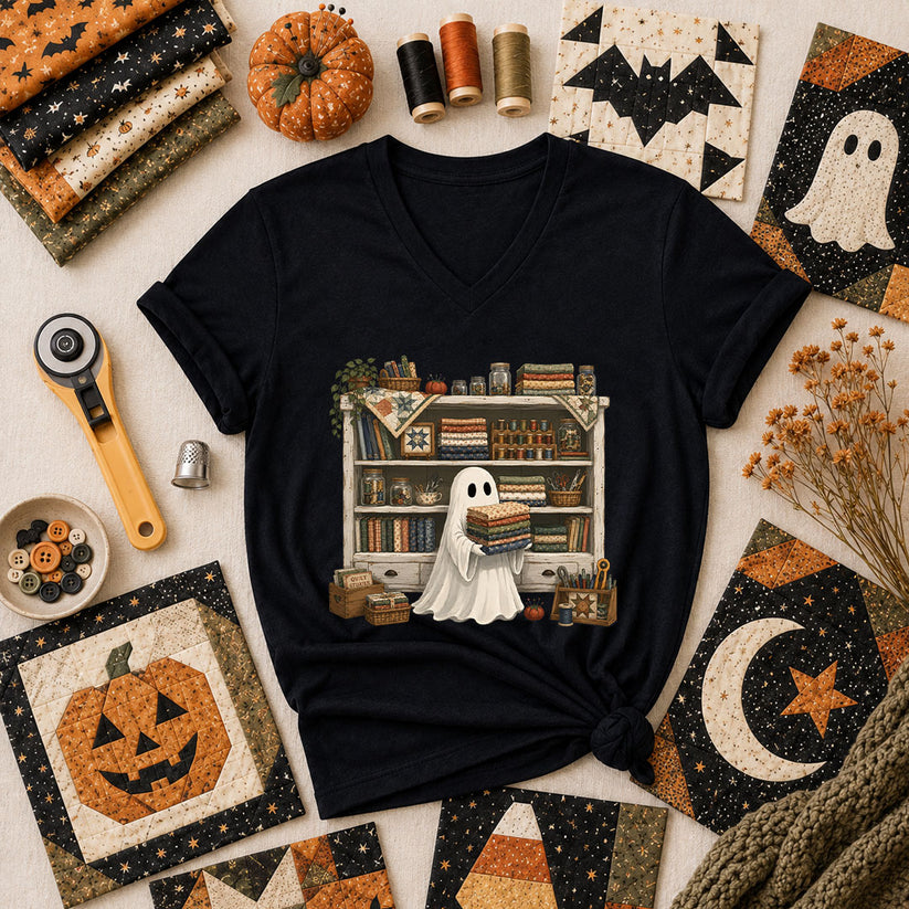 Ghost In The Quilt Shop Halloween Women's V-Neck - Black