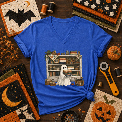 Ghost In The Quilt Shop Halloween Women's V-Neck - Heather True Royal