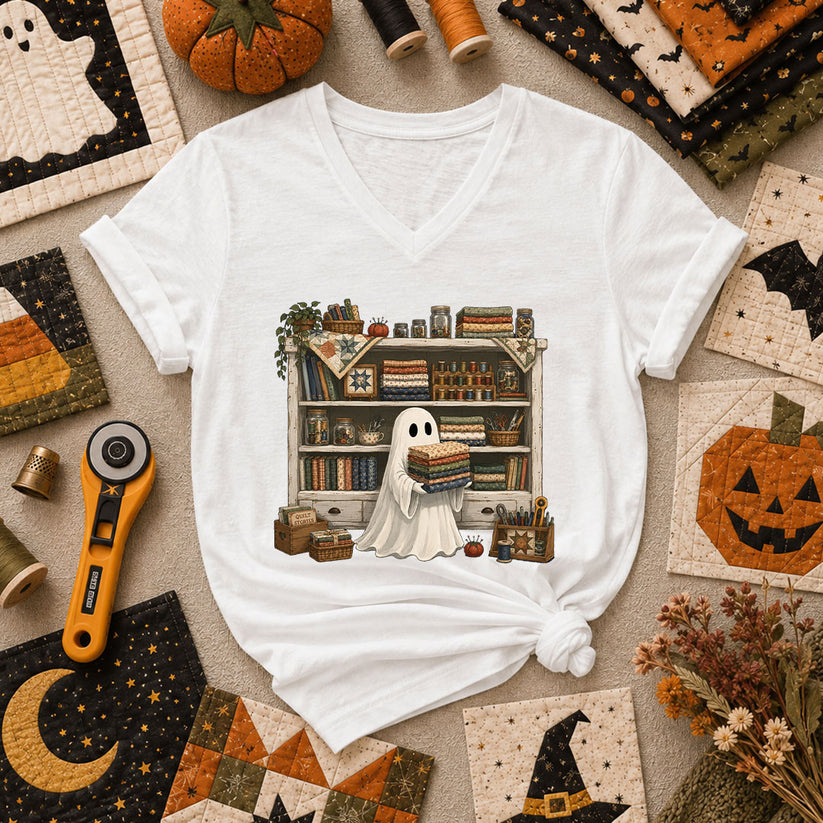 Ghost In The Quilt Shop Halloween Women's V-Neck - White