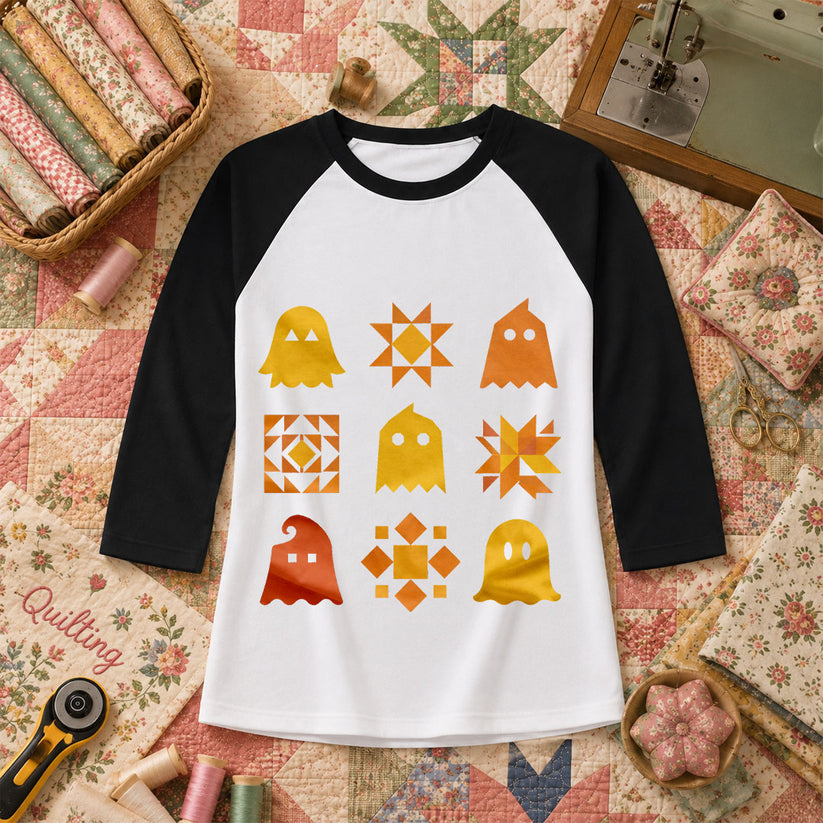 Ghost Quilt Block Grid Halloween Raglan Sleeve - Black