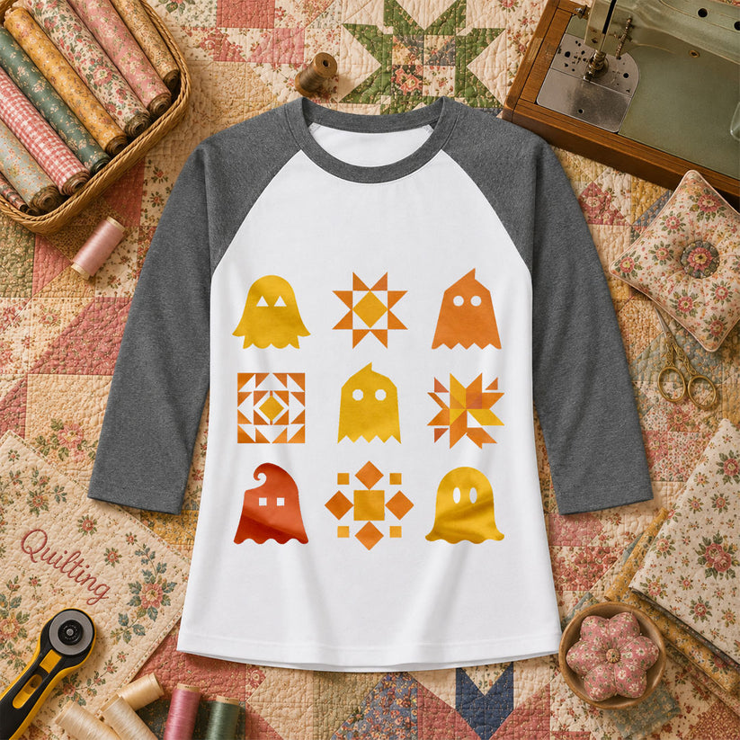 Ghost Quilt Block Grid Halloween Raglan Sleeve - Deep Heather