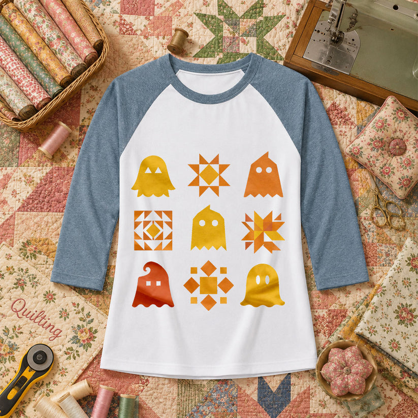 Ghost Quilt Block Grid Halloween Raglan Sleeve - Denim
