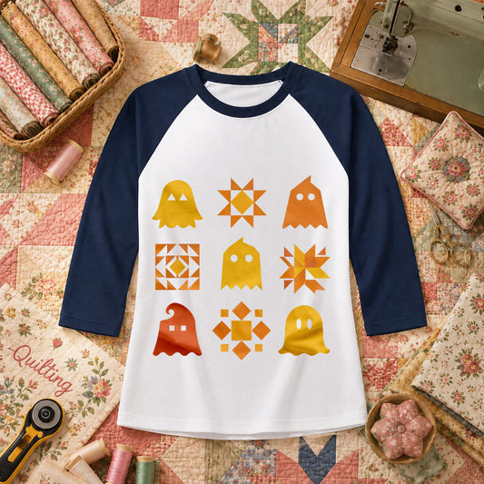 Ghost Quilt Block Grid Halloween Raglan Sleeve - Navy
