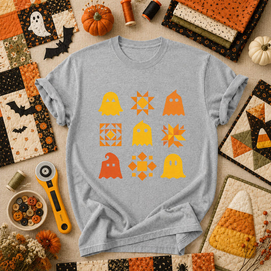 Ghost Quilt Block Grid Halloween T-Shirt - Athletic Heather