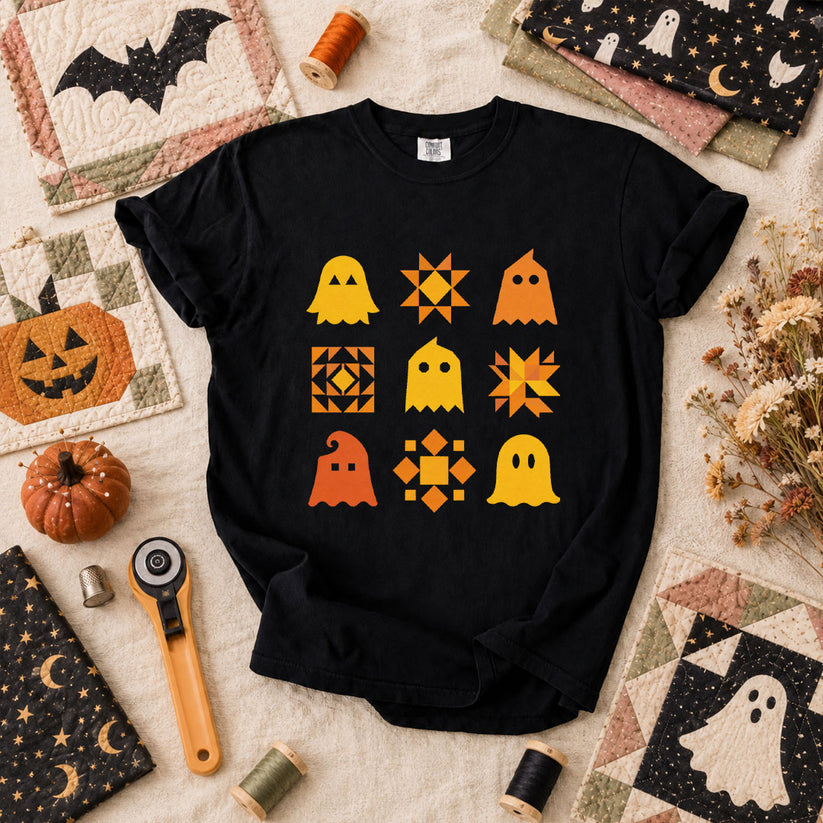 Ghost Quilt Block Grid Halloween T-Shirt - Black