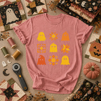 Ghost Quilt Block Grid Halloween T-Shirt - Heather Mauve