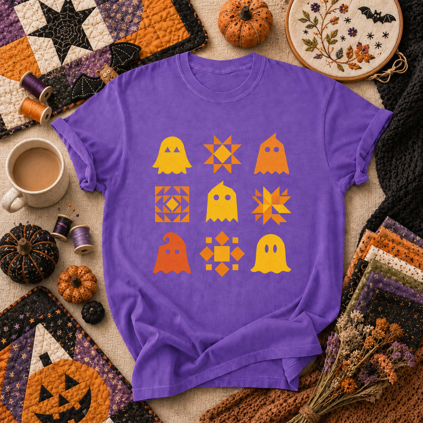 Ghost Quilt Block Grid Halloween T-Shirt - Heather Team Purple